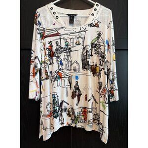 Ali Miles Women's Pullover Artsy Tunic Blouse Medium 3/4 Sleeves Lagenlook Boho